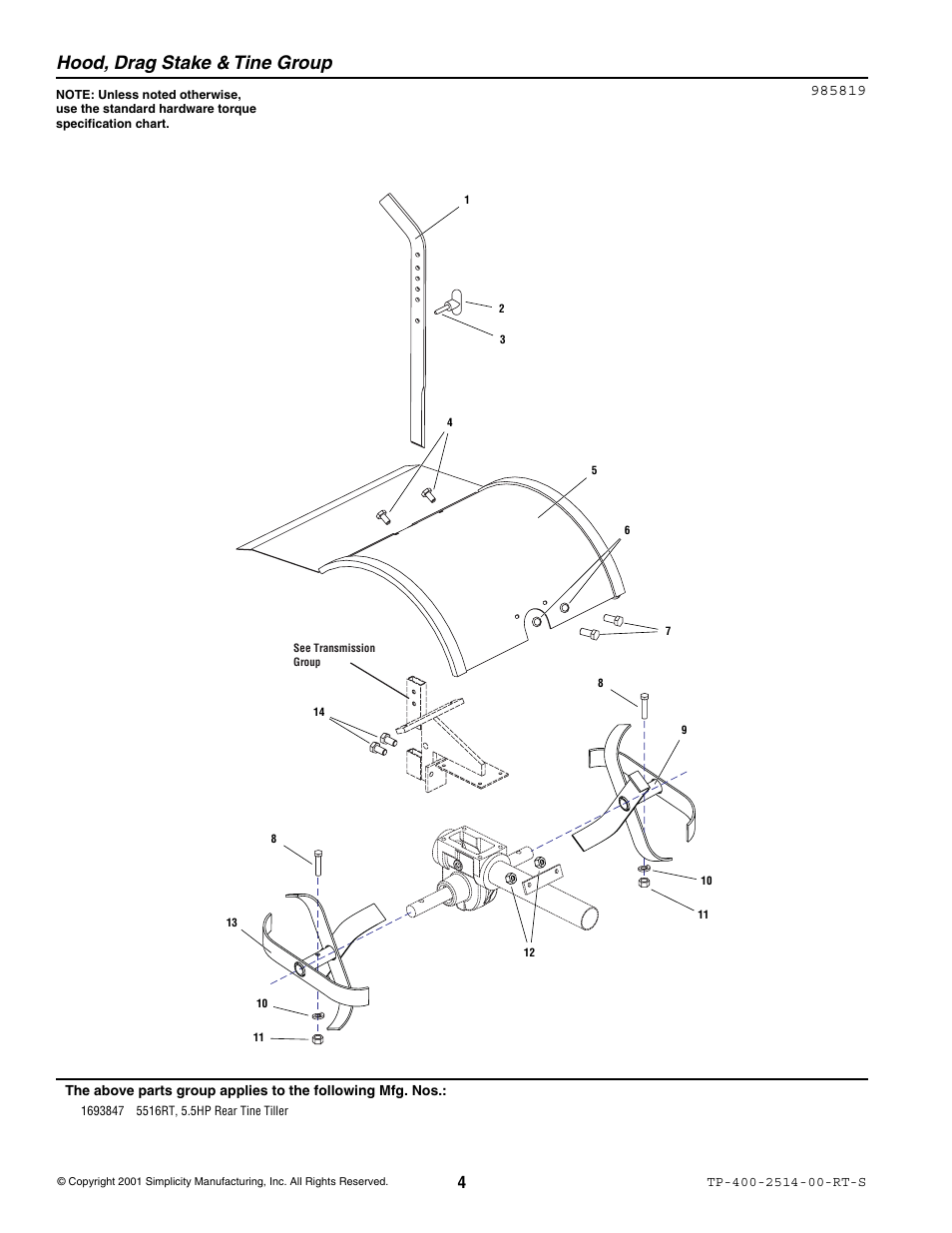 Hood, drag stake & tine group | Simplicity 5516RT User Manual | Page 6 / 19