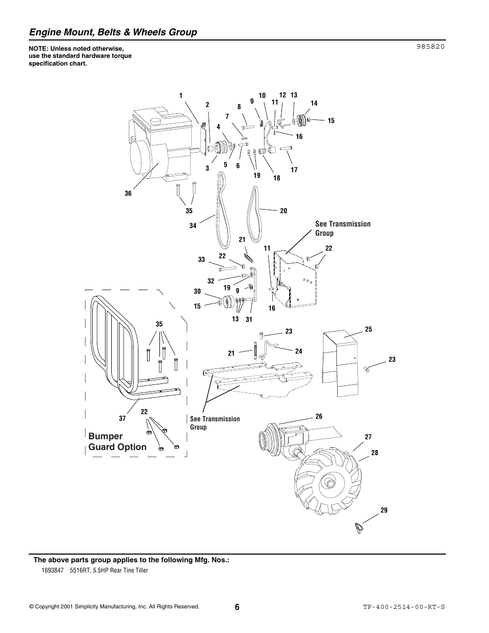 Engine mount, belts & wheels group, Bumper guard option | Simplicity 5516RT User Manual | Page 8 / 19