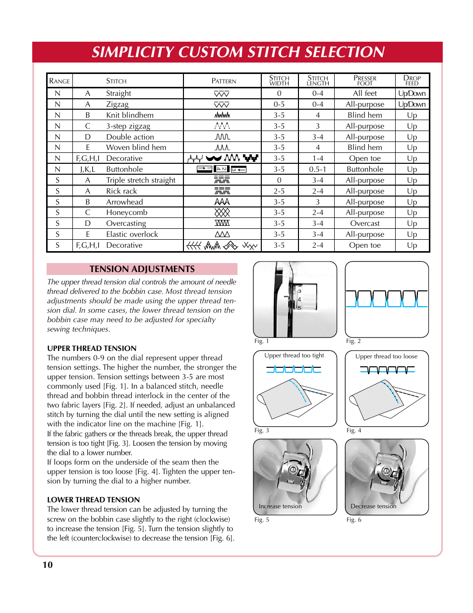 Simplicity custom stitch selection, Tension adjustments | Simplicity sw210 User Manual | Page 11 / 35