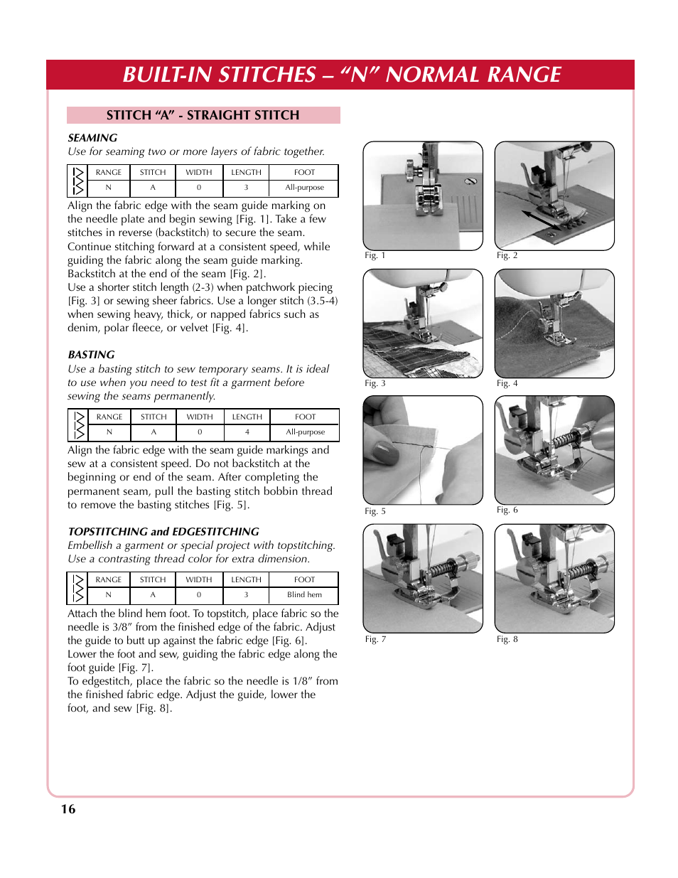Built-in stitches – “n” normal range, Stitch “a” - straight stitch | Simplicity sw210 User Manual | Page 17 / 35