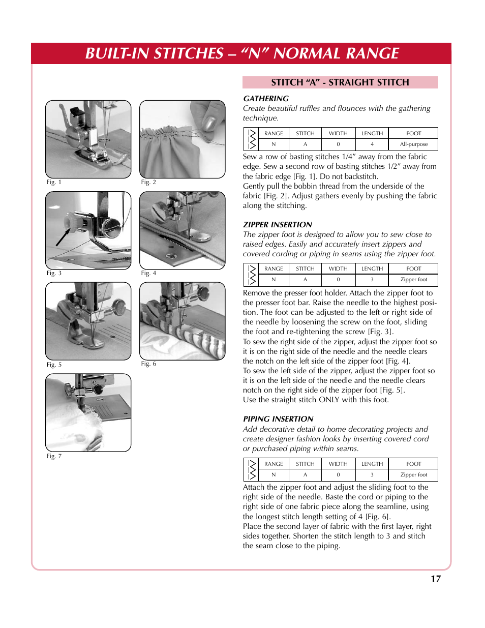 Built-in stitches – “n” normal range, Stitch “a” - straight stitch | Simplicity sw210 User Manual | Page 18 / 35