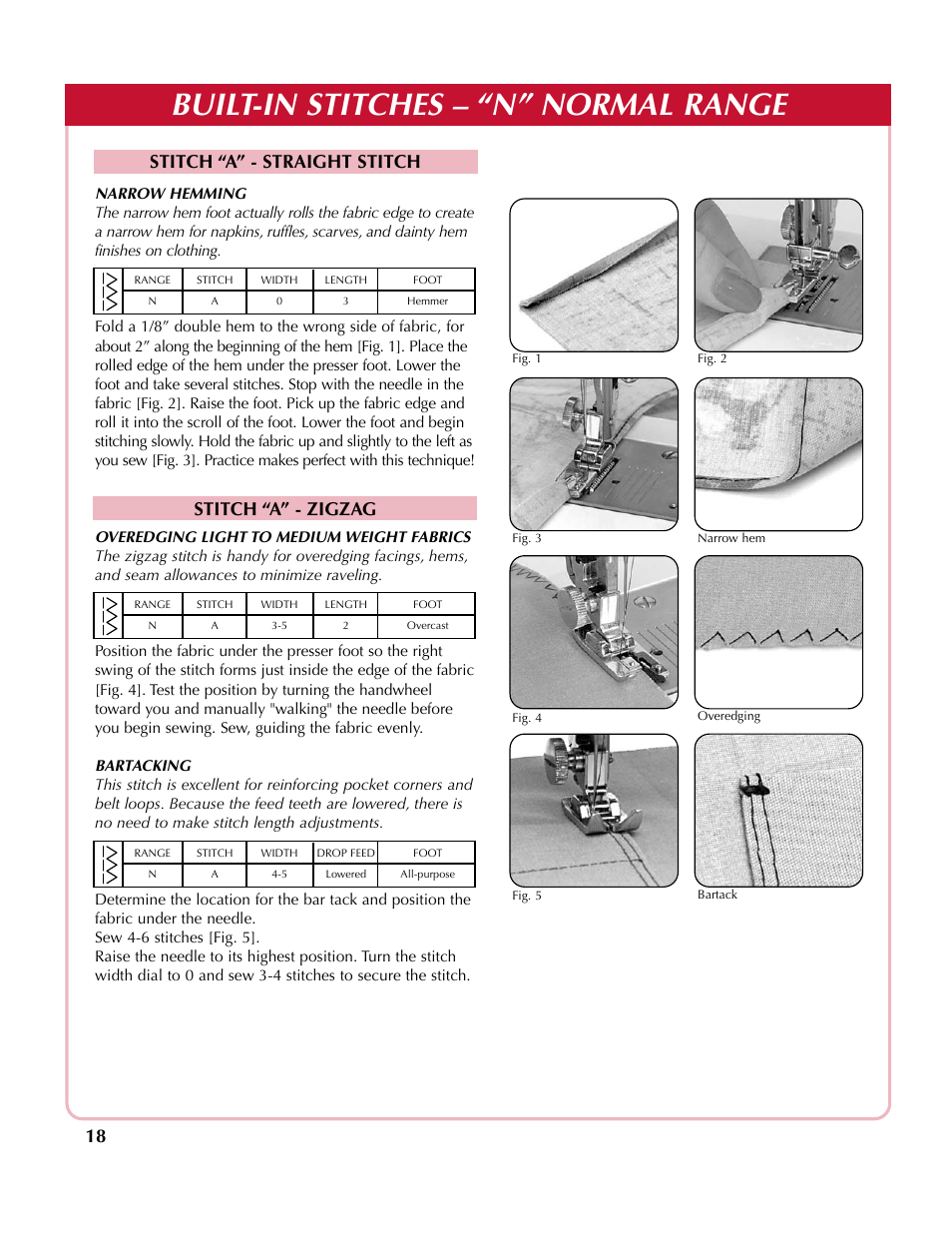Built-in stitches – “n” normal range, Stitch “a” - straight stitch, Stitch “a” - zigzag | Simplicity sw210 User Manual | Page 19 / 35