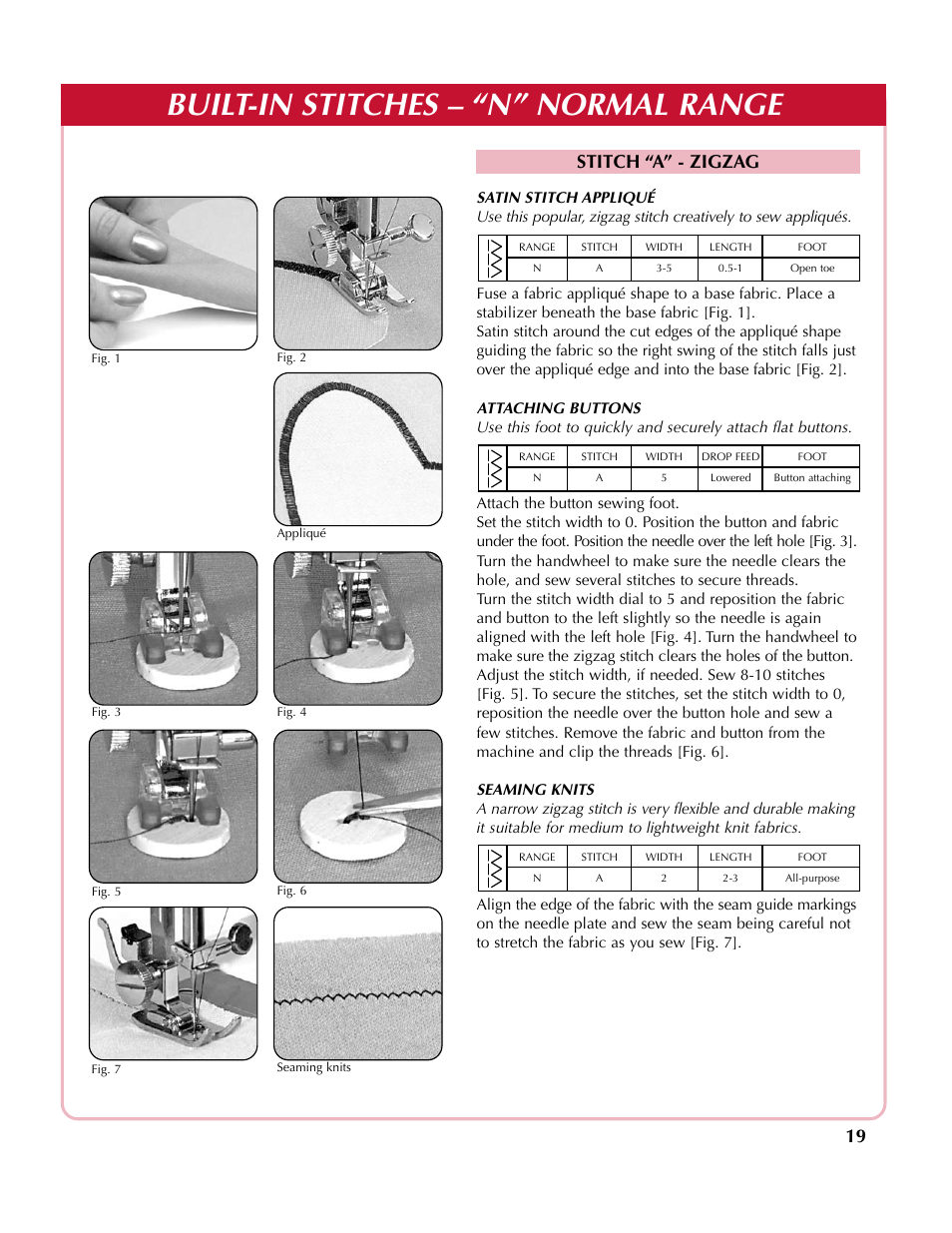 Built-in stitches – “n” normal range, Stitch “a” - zigzag | Simplicity sw210 User Manual | Page 20 / 35