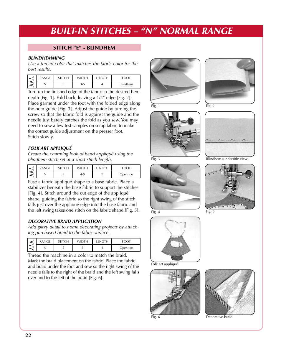 Built-in stitches – “n” normal range, Stitch “e” - blindhem | Simplicity sw210 User Manual | Page 23 / 35