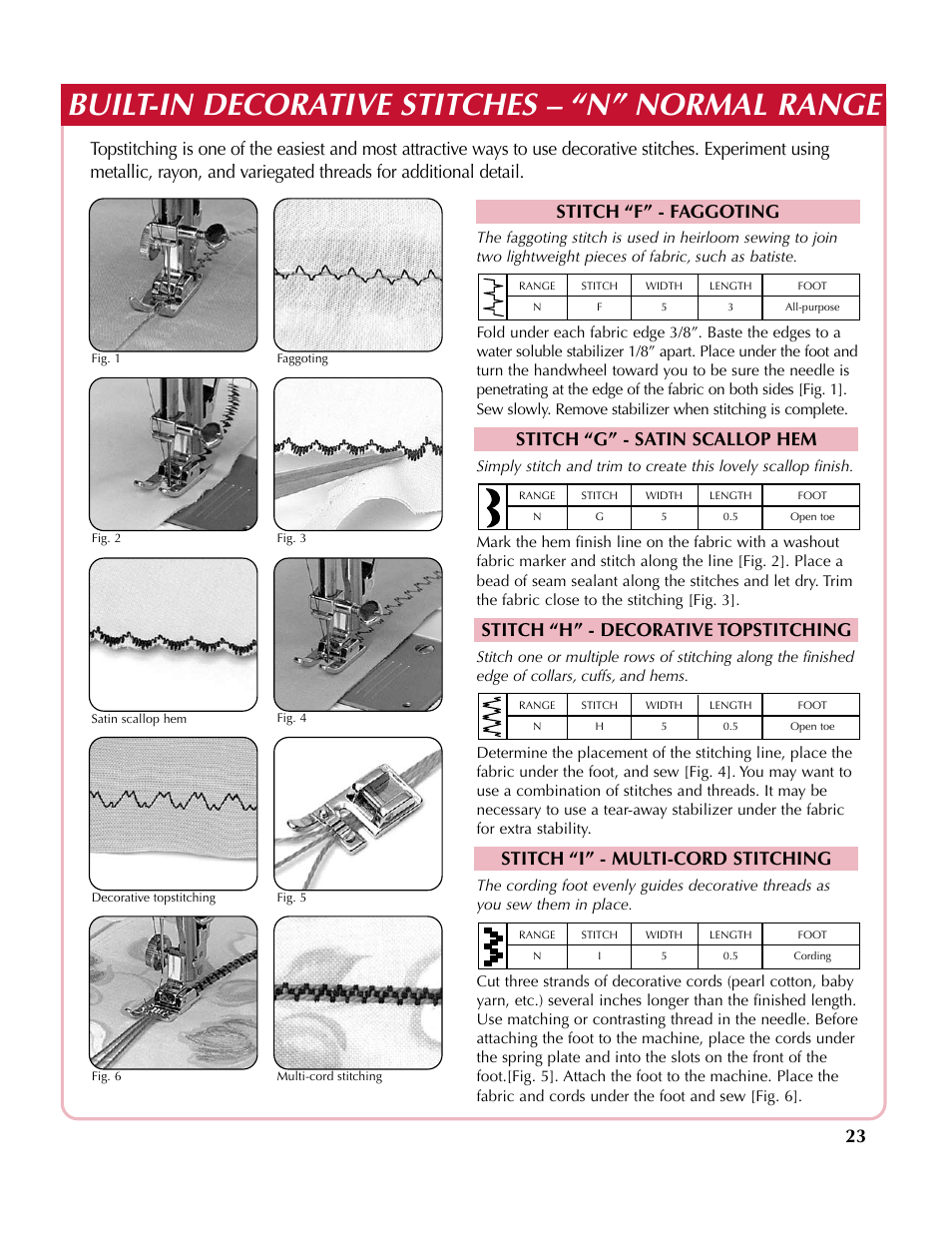 Built-in decorative stitches – “n” normal range, Stitch “h” - decorative topstitching, Stitch “i” - multi-cord stitching | Simplicity sw210 User Manual | Page 24 / 35