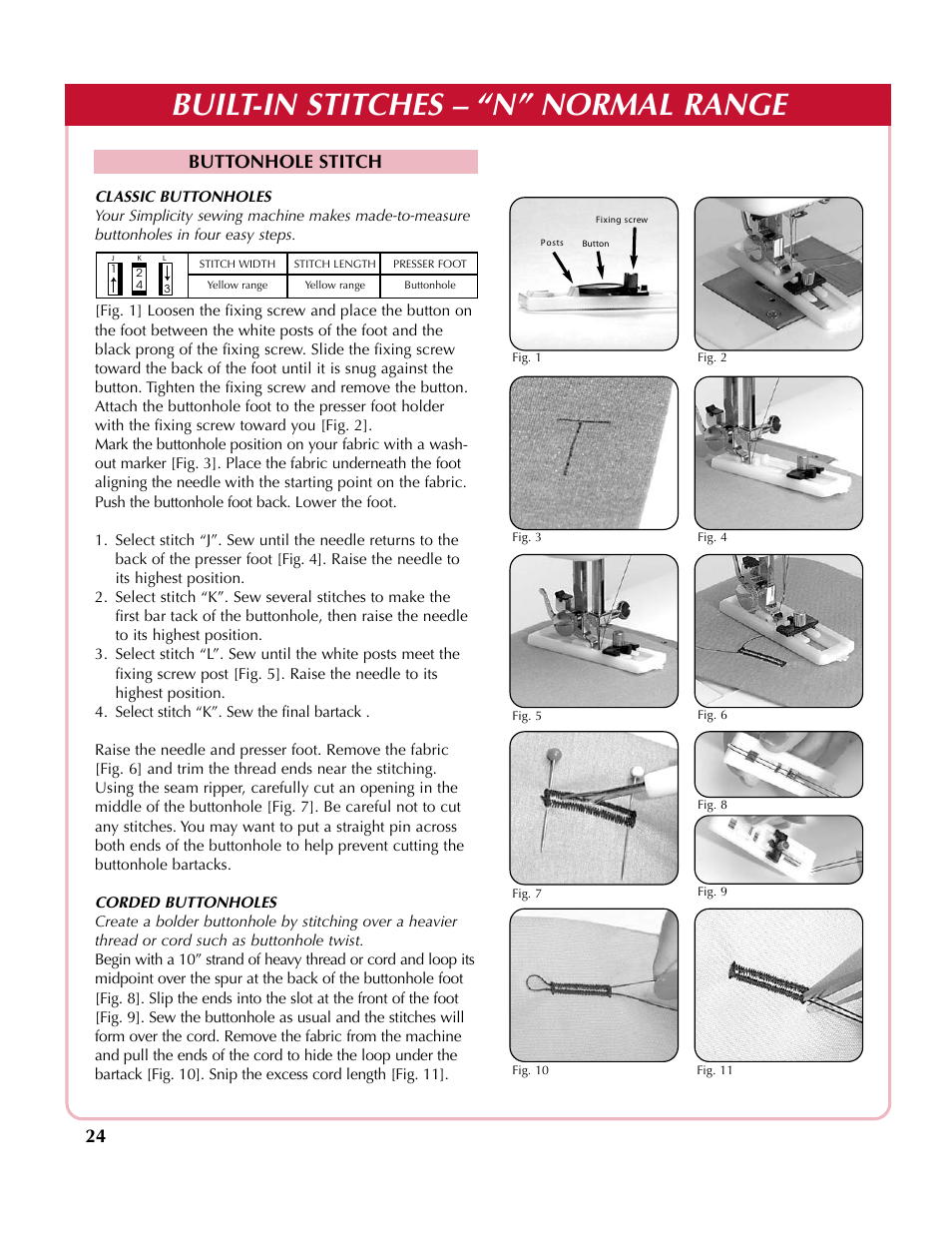 Built-in stitches – “n” normal range, Buttonhole stitch | Simplicity sw210 User Manual | Page 25 / 35