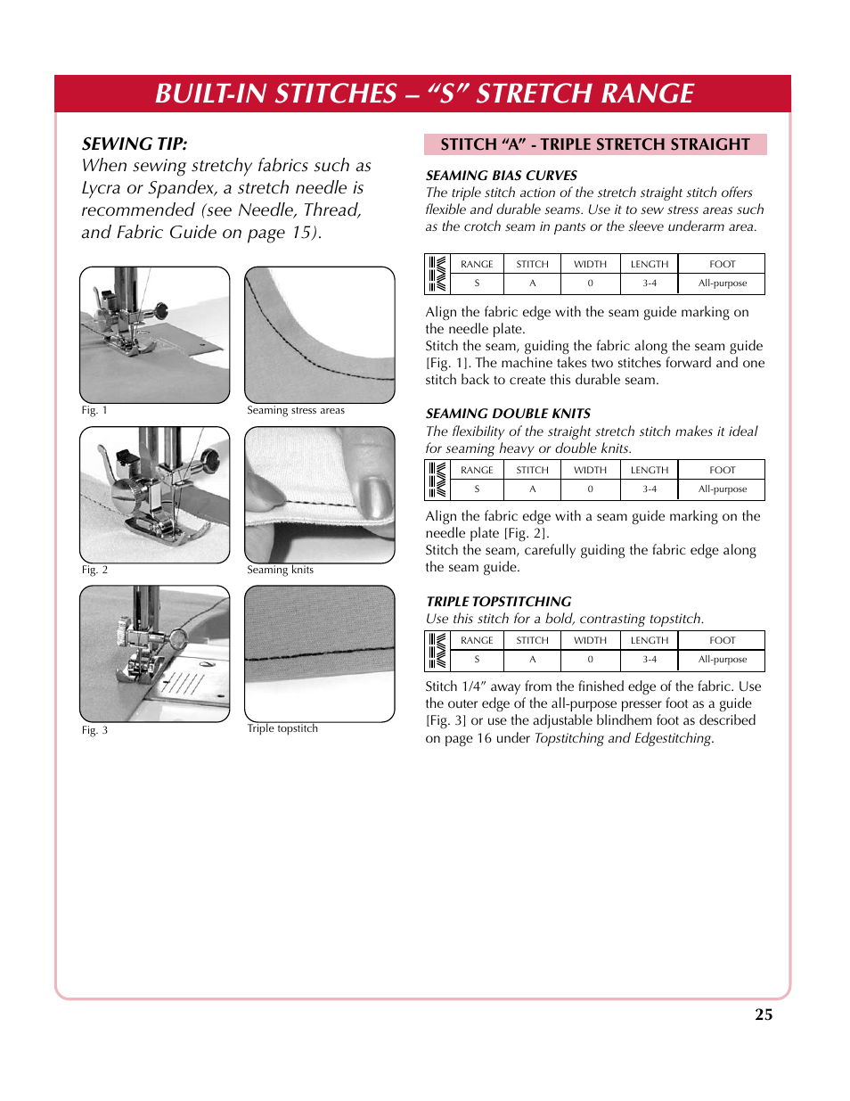 Built-in stitches – “s” stretch range, Stitch “a” - triple stretch straight | Simplicity sw210 User Manual | Page 26 / 35