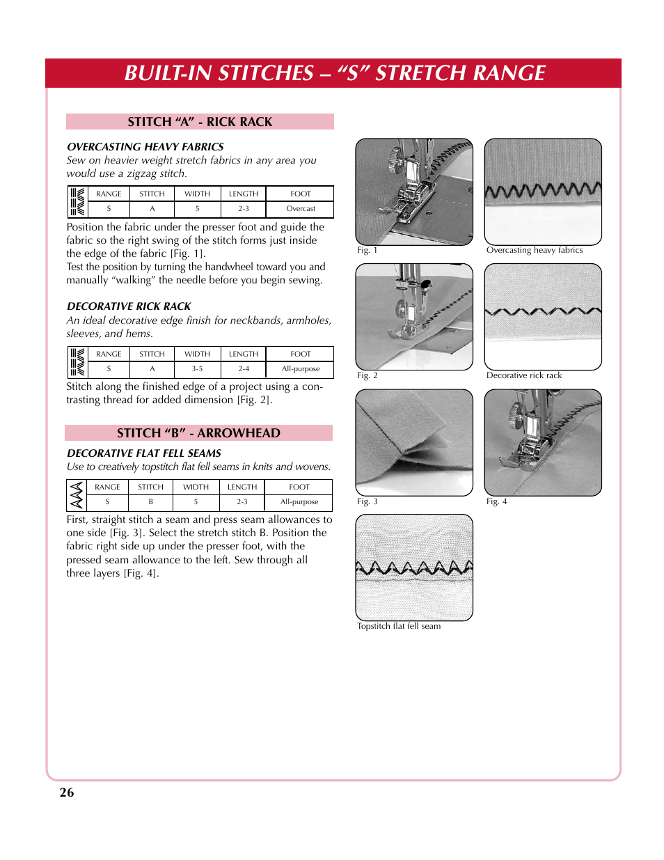 Built-in stitches – “s” stretch range, Stitch “a” - rick rack stitch “b” - arrowhead | Simplicity sw210 User Manual | Page 27 / 35