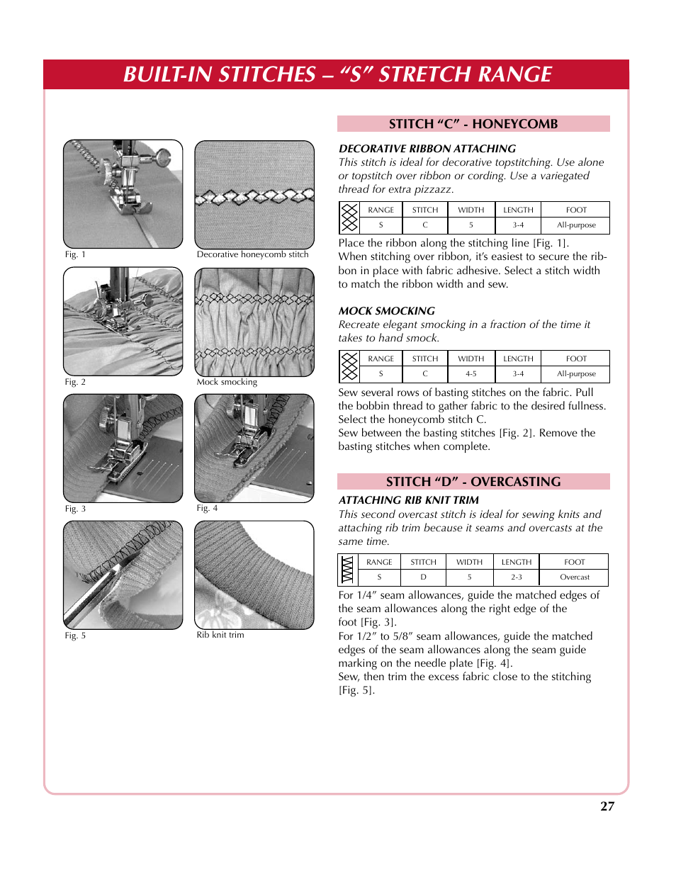 Built-in stitches – “s” stretch range, Stitch “c” - honeycomb stitch “d” - overcasting | Simplicity sw210 User Manual | Page 28 / 35