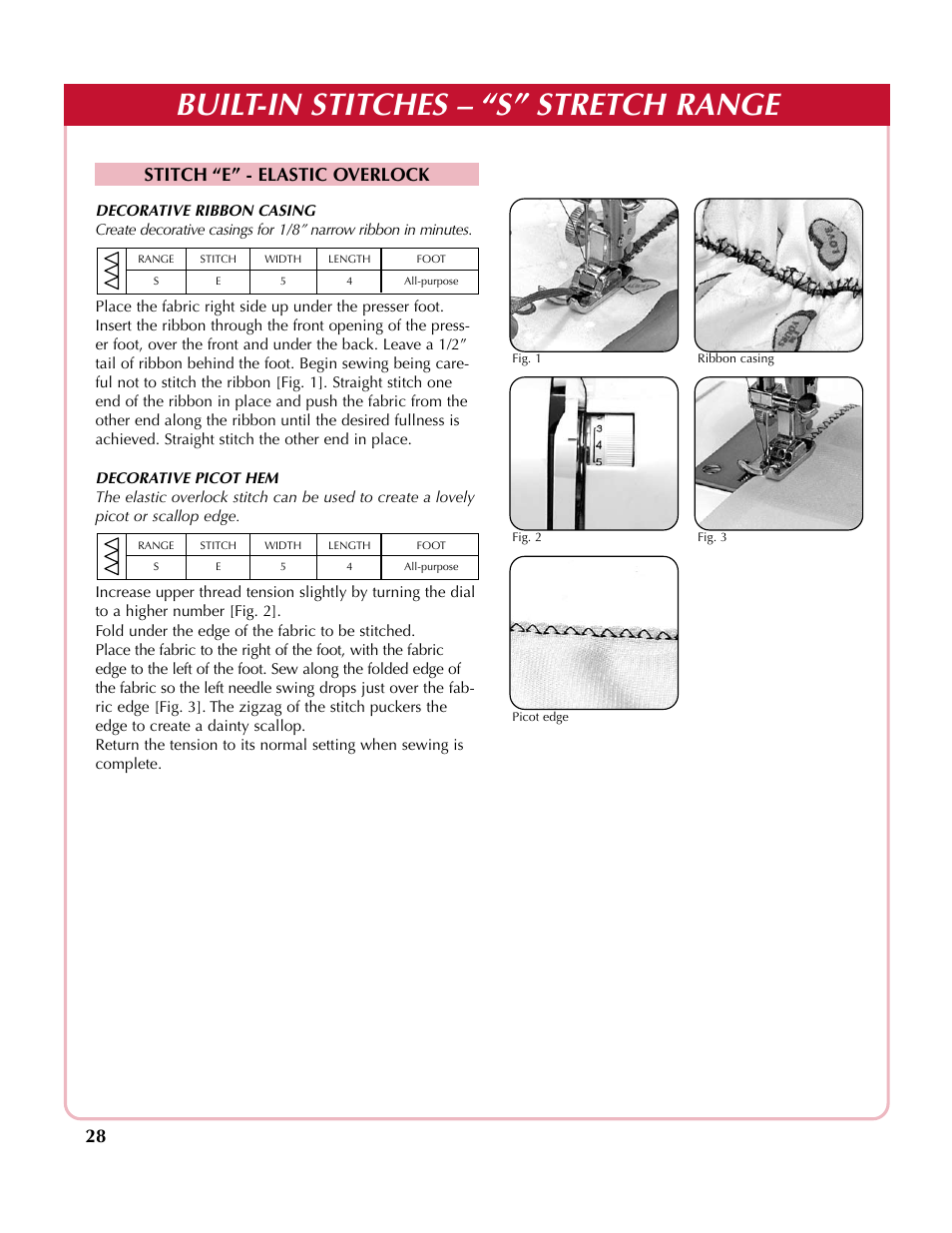 Built-in stitches – “s” stretch range, Stitch “e” - elastic overlock | Simplicity sw210 User Manual | Page 29 / 35