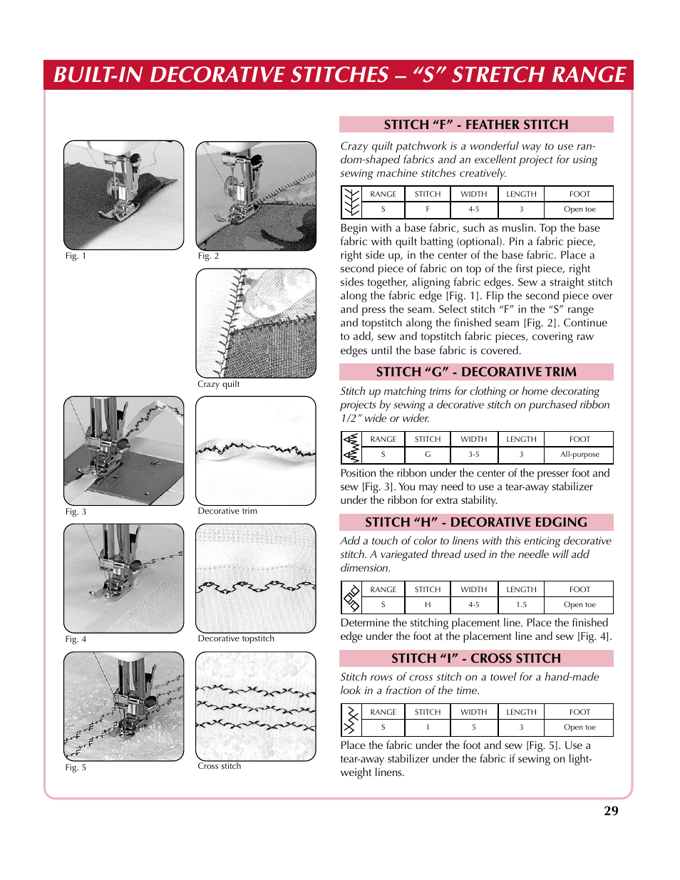 Built-in decorative stitches – “s” stretch range, Stitch “h” - decorative edging, Stitch “i” - cross stitch | Simplicity sw210 User Manual | Page 30 / 35