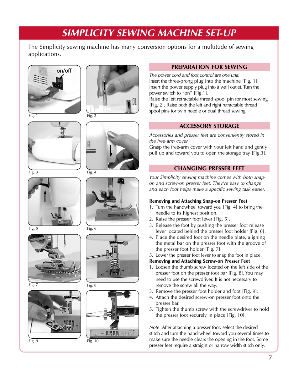 Simplicity sewing machine set-up | Simplicity sw210 User Manual | Page 8 / 35