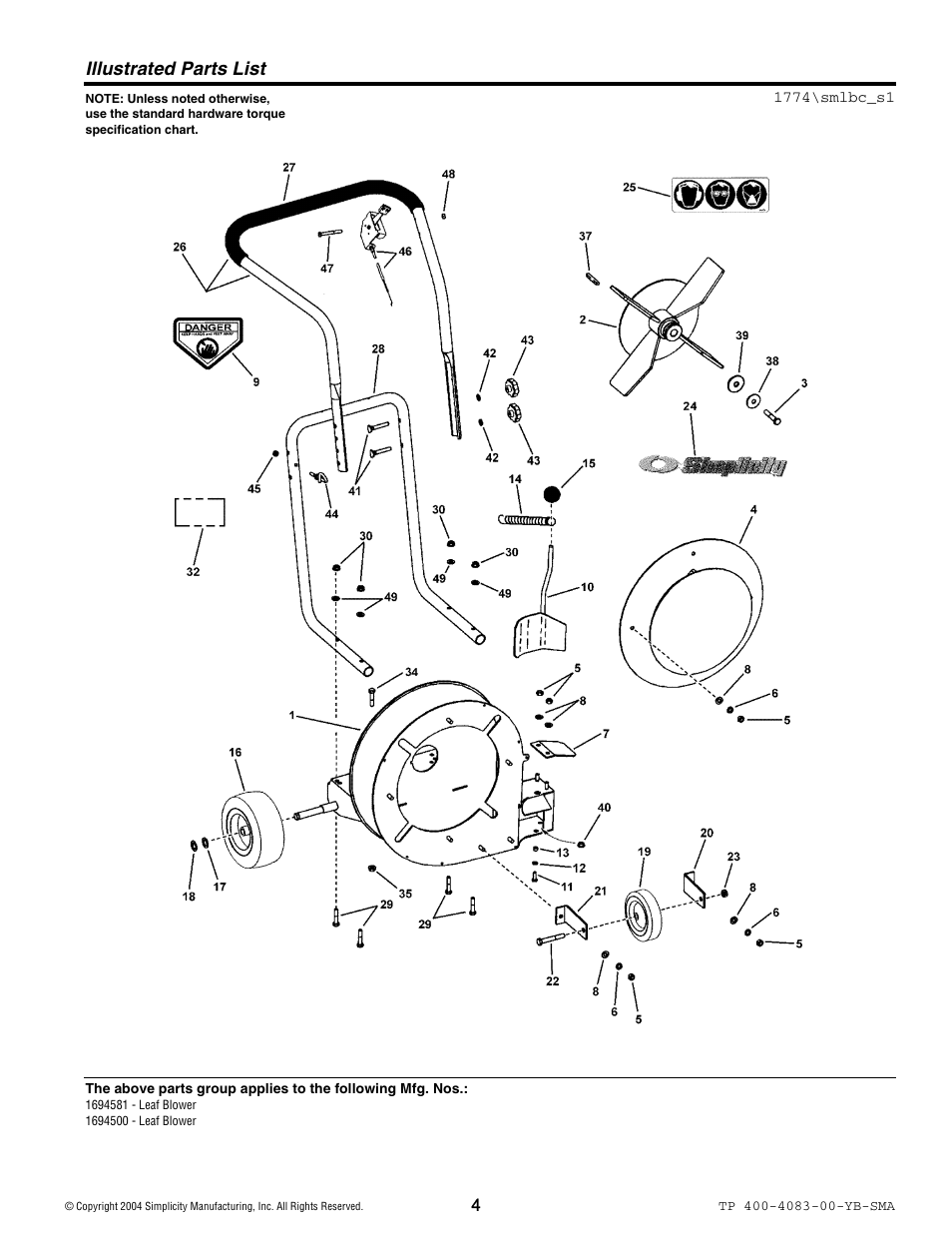 Illustrated parts list | Simplicity 1694581 User Manual | Page 4 / 10