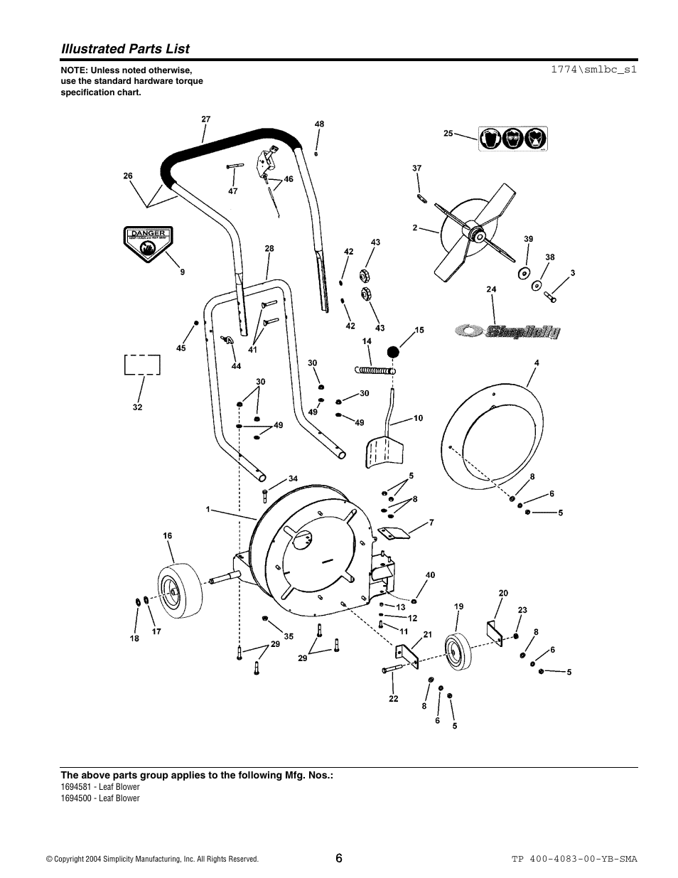 Illustrated parts list | Simplicity 1694581 User Manual | Page 6 / 10