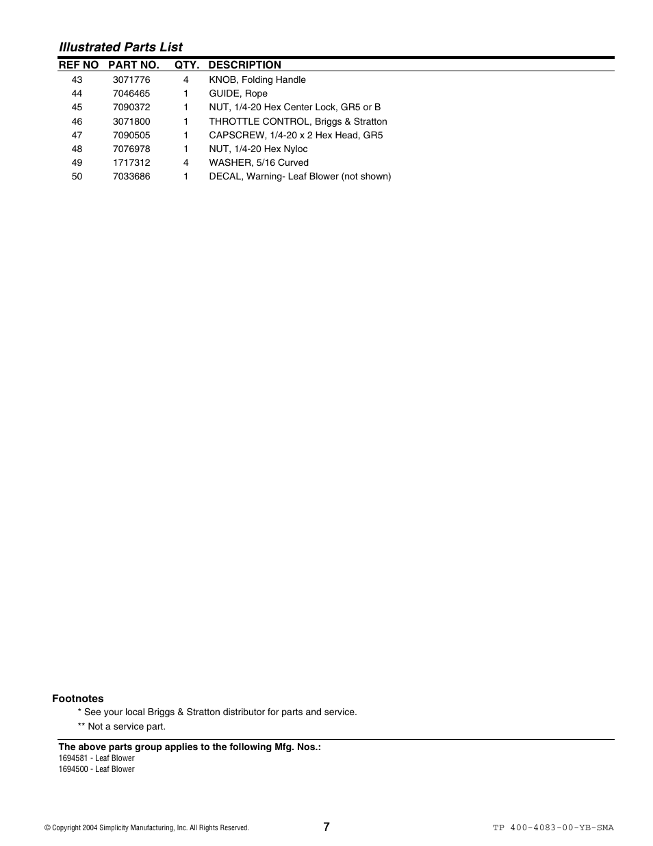 Illustrated parts list | Simplicity 1694581 User Manual | Page 7 / 10
