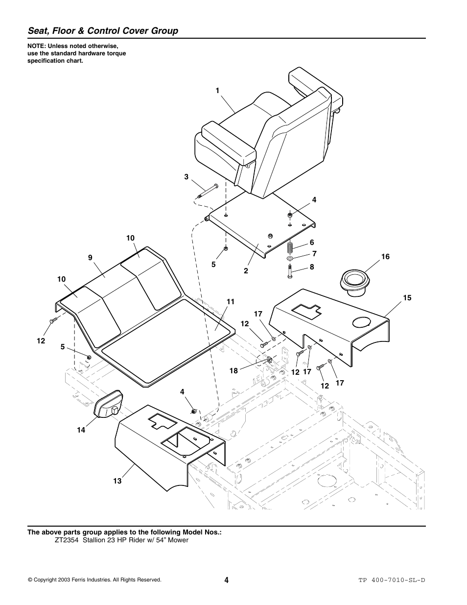 Seat, floor & control cover group | Simplicity ZT2354 User Manual | Page 10 / 53