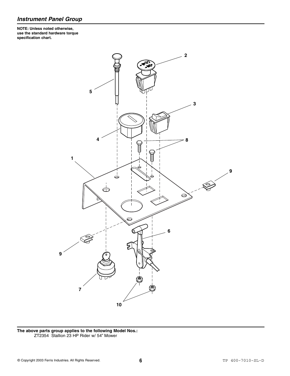 Instrument panel group | Simplicity ZT2354 User Manual | Page 12 / 53