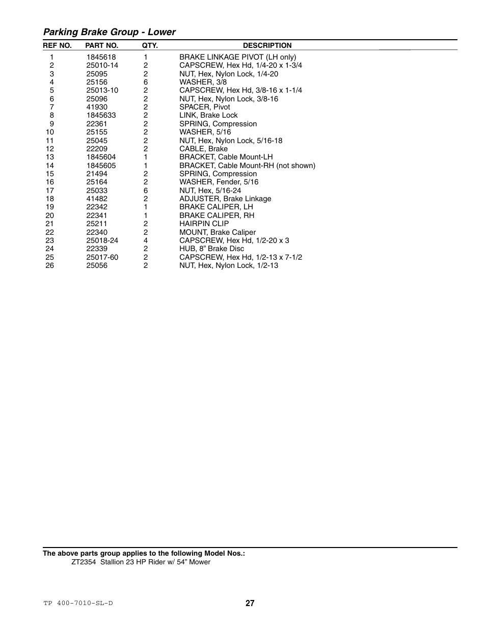 Parking brake group - lower | Simplicity ZT2354 User Manual | Page 33 / 53