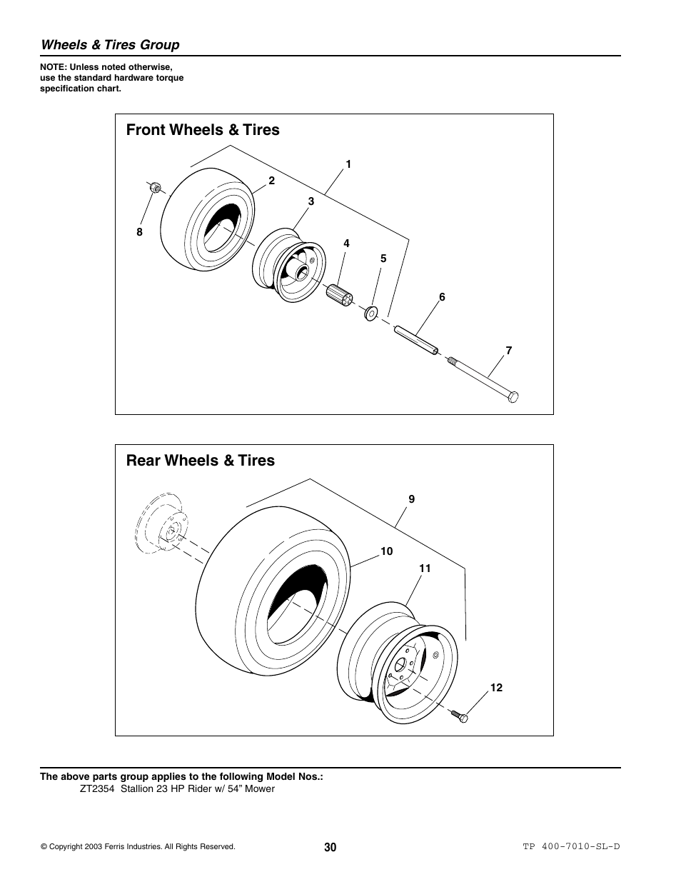 Front wheels & tires rear wheels & tires, Wheels & tires group | Simplicity ZT2354 User Manual | Page 36 / 53