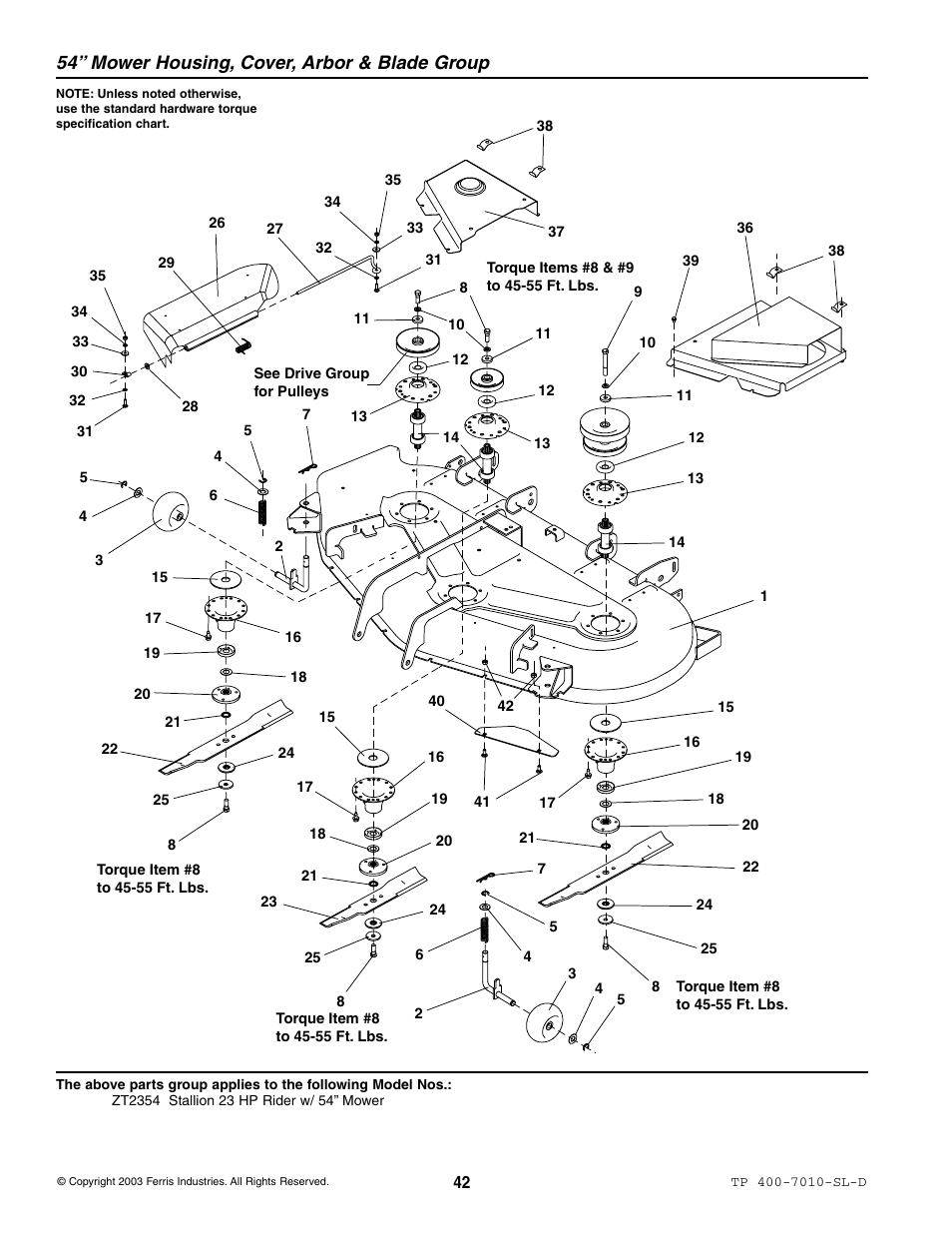 54” mower housing, cover, arbor & blade group | Simplicity ZT2354 User Manual | Page 48 / 53