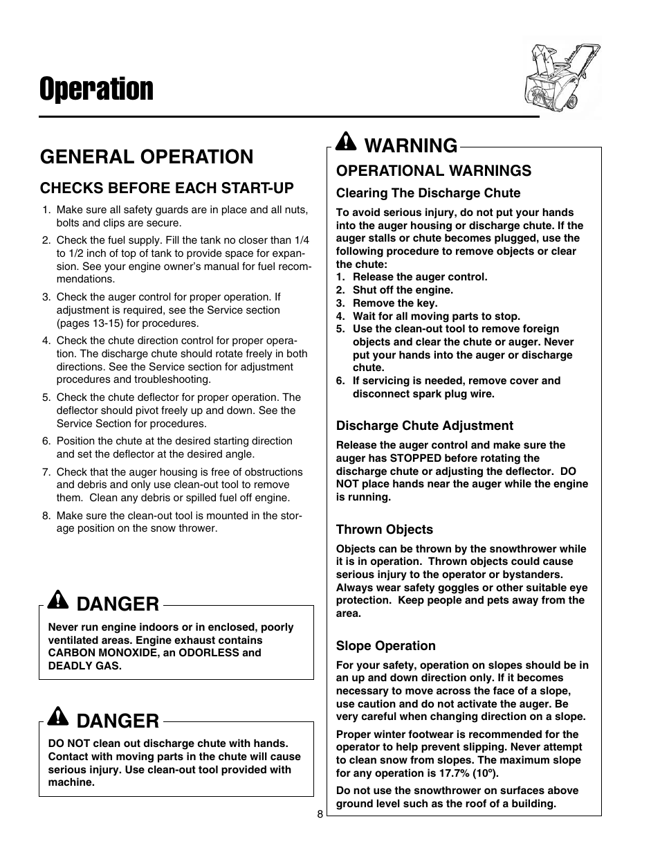 Operation, General operation, Danger | Warning | Simplicity 1694583 319M User Manual | Page 12 / 22