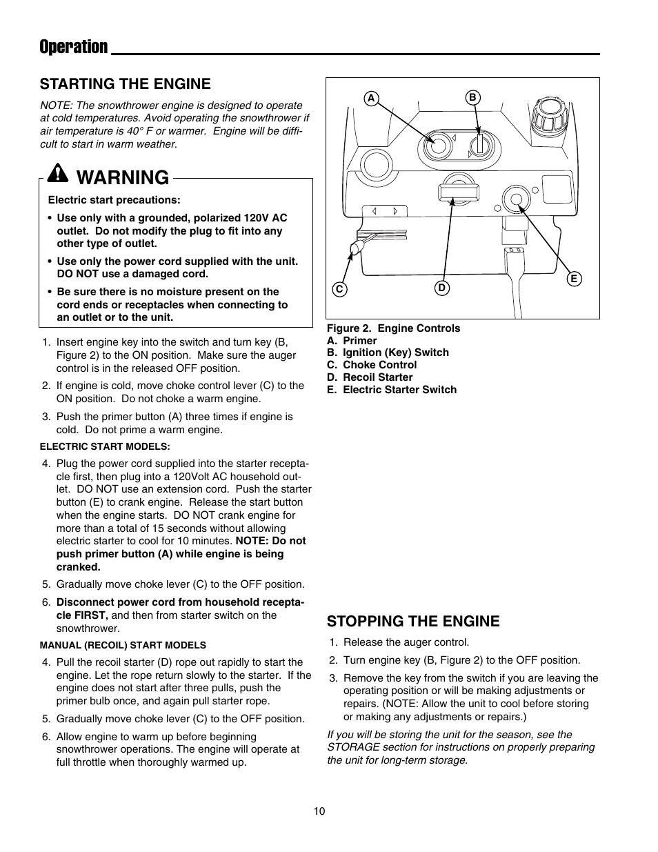 Operation, Warning, Starting the engine | Stopping the engine | Simplicity 1694583 319M User Manual | Page 14 / 22