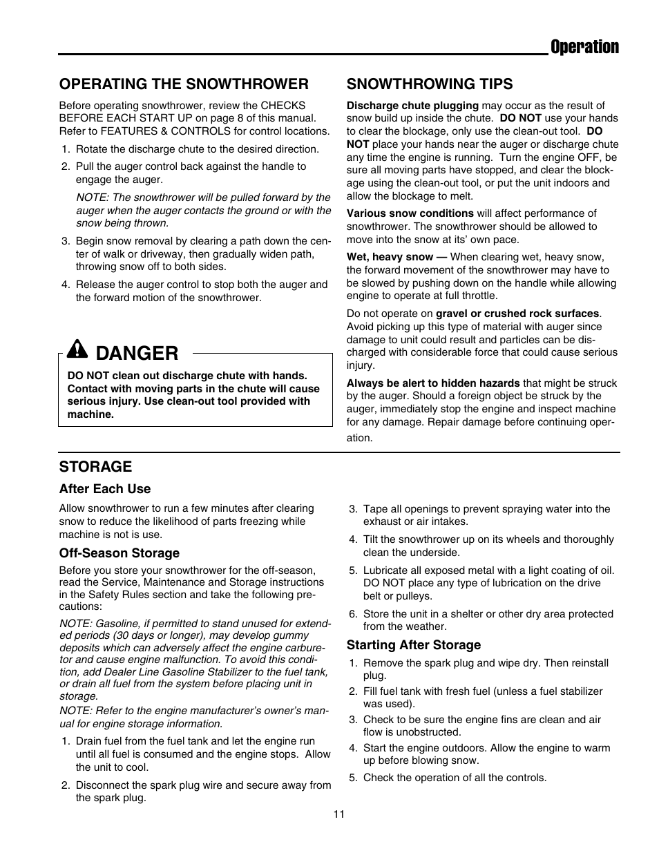 Operation, Danger, Operating the snowthrower | Storage, Snowthrowing tips | Simplicity 1694583 319M User Manual | Page 15 / 22