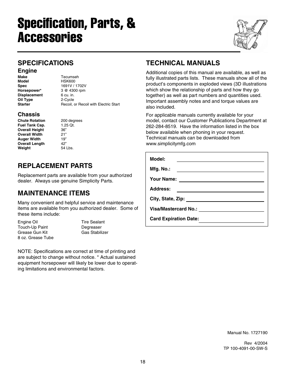 Specification, parts, & accessories, Specifications, Replacement parts | Technical manuals, Maintenance items, Engine, Chassis | Simplicity 1694583 319M User Manual | Page 22 / 22