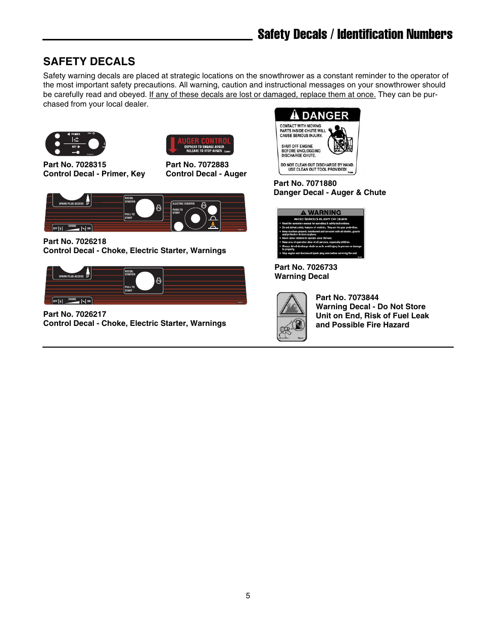 Safety decals / identification numbers, Safety decals | Simplicity 1694583 319M User Manual | Page 9 / 22