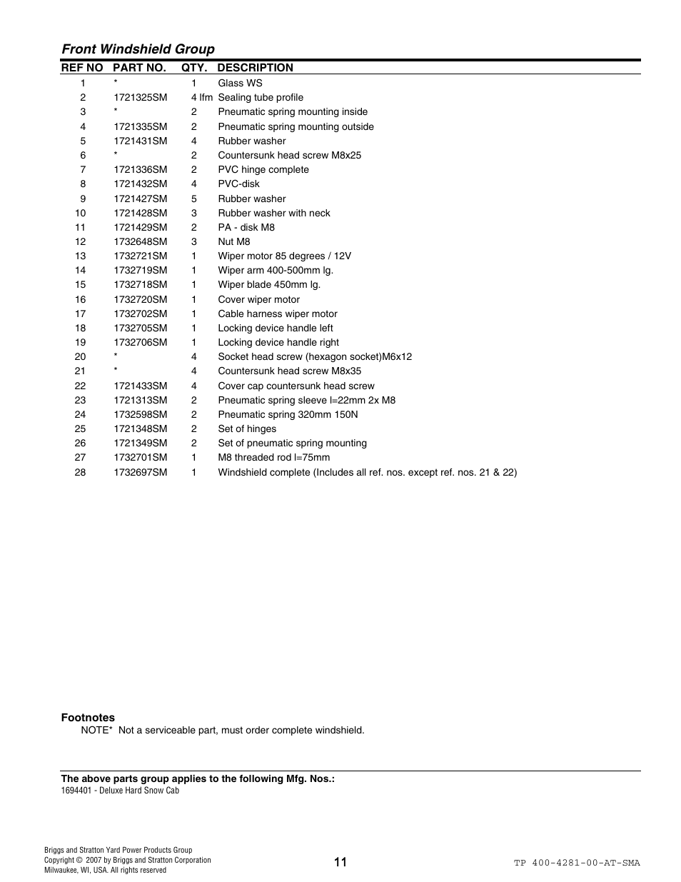 Front windshield group | Simplicity 1694401 User Manual | Page 11 / 20