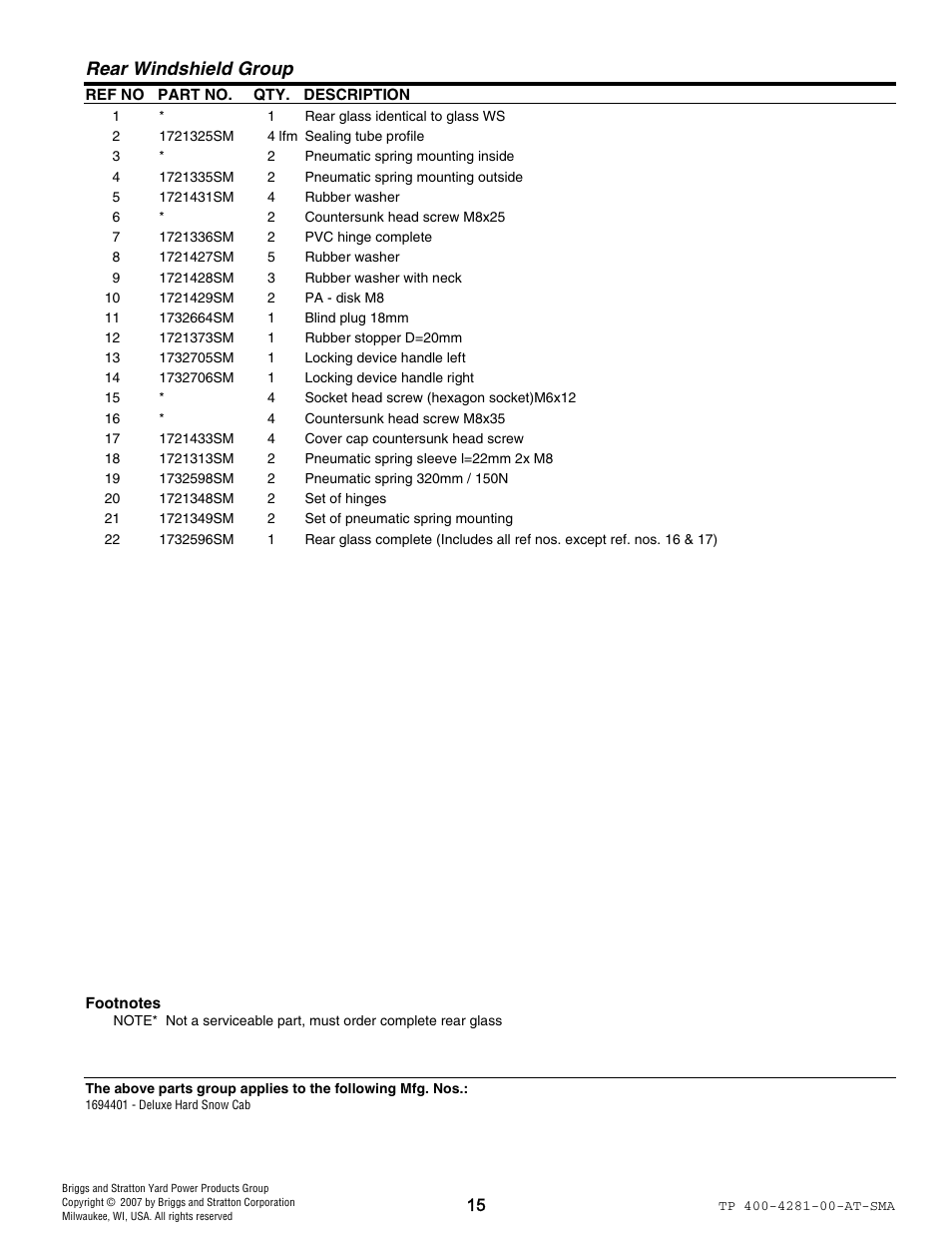 Rear windshield group | Simplicity 1694401 User Manual | Page 15 / 20