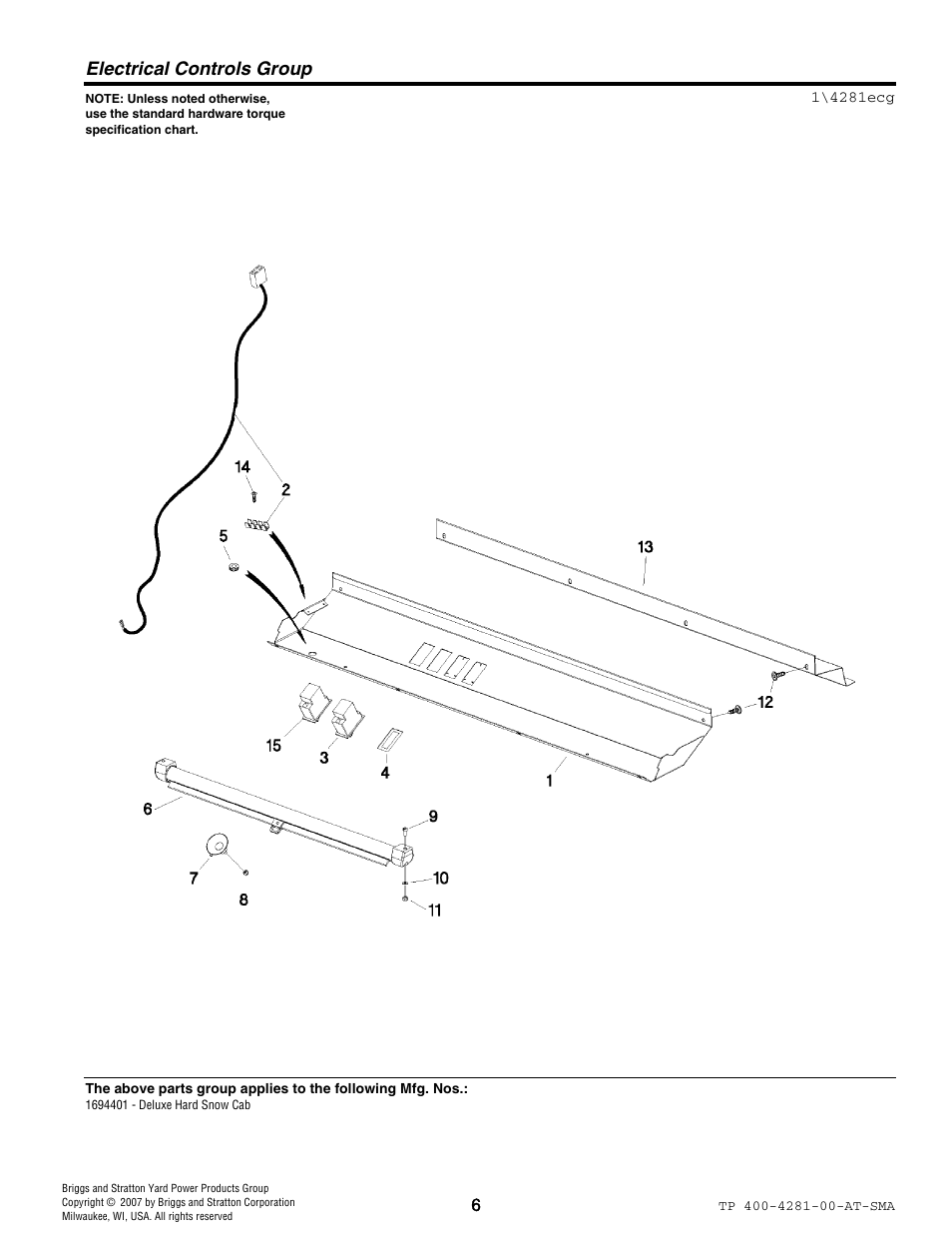 Electrical controls group | Simplicity 1694401 User Manual | Page 6 / 20