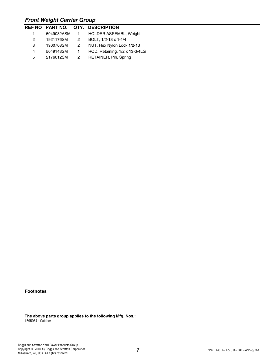 Front weight carrier group | Simplicity 1734817 User Manual | Page 7 / 16
