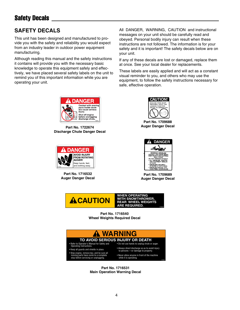 Caution, Safety decals, Warning | Danger | Simplicity 1694404 User Manual | Page 6 / 24