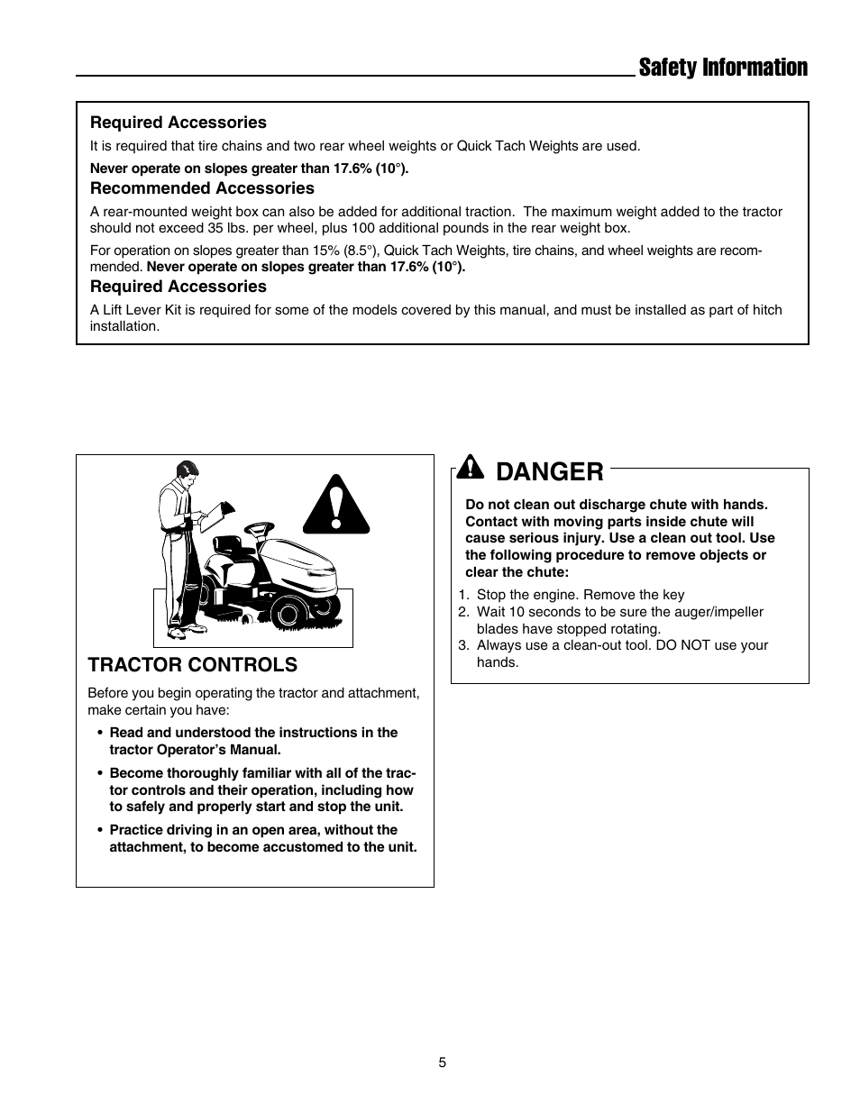 Safety information, Danger, Tractor controls | Simplicity 1694404 User Manual | Page 7 / 24