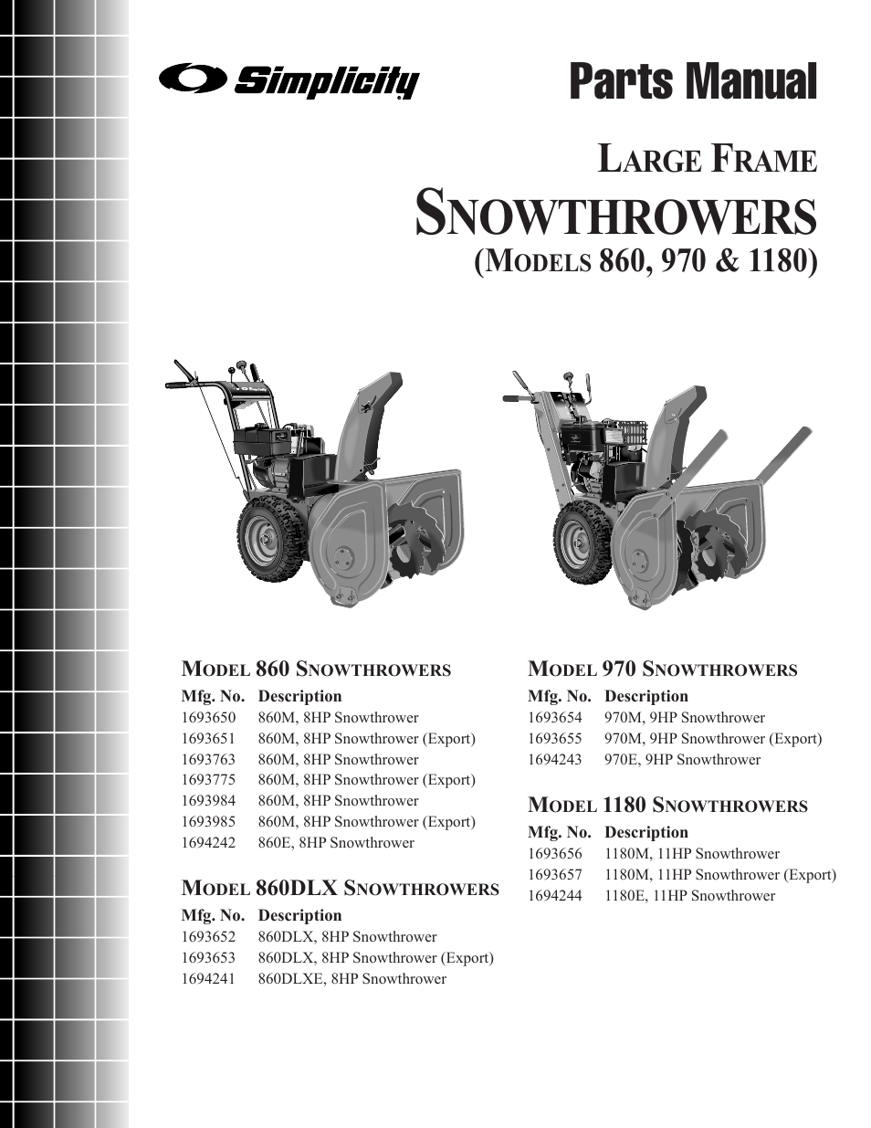 Parts manual, Nowthrowers, Arge | Rame, Odels | Simplicity 1180 User Manual | Page 3 / 86