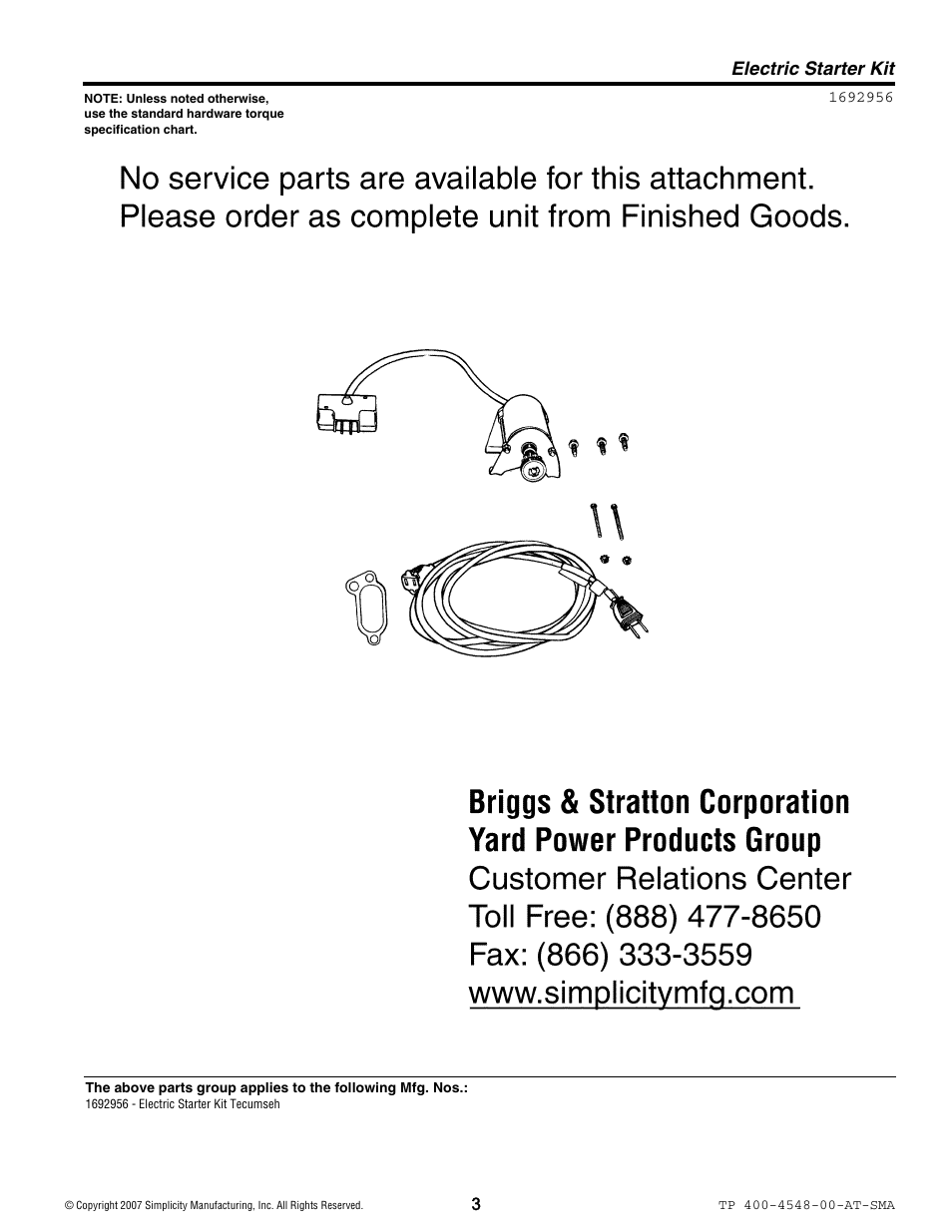 Electric starter kit | Simplicity Lawn and Garden User Manual | Page 3 / 4