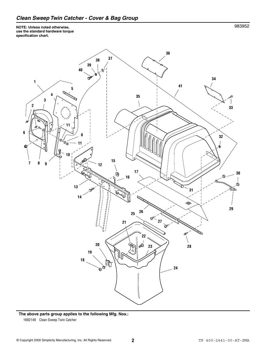 Clean sweep twin catcher - cover & bag group | Simplicity 1692149 User Manual | Page 2 / 8