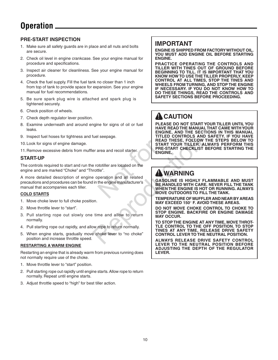 Not for reproduction, Operation | Simplicity Snapper 5521FT User Manual | Page 10 / 20