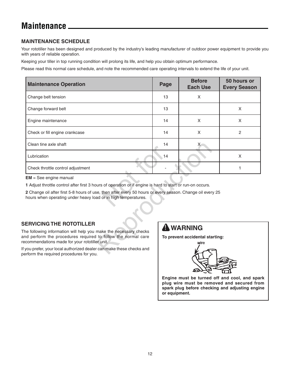 Not for reproduction, Maintenance, Warning | Simplicity Snapper 5521FT User Manual | Page 12 / 20