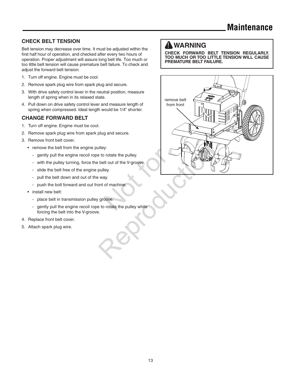 Not for reproduction, Maintenance | Simplicity Snapper 5521FT User Manual | Page 13 / 20