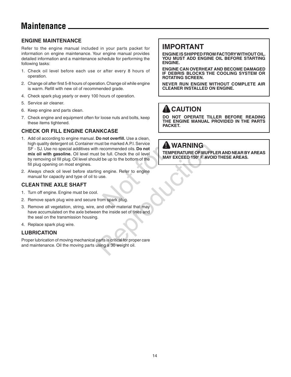 Not for reproduction, Maintenance | Simplicity Snapper 5521FT User Manual | Page 14 / 20