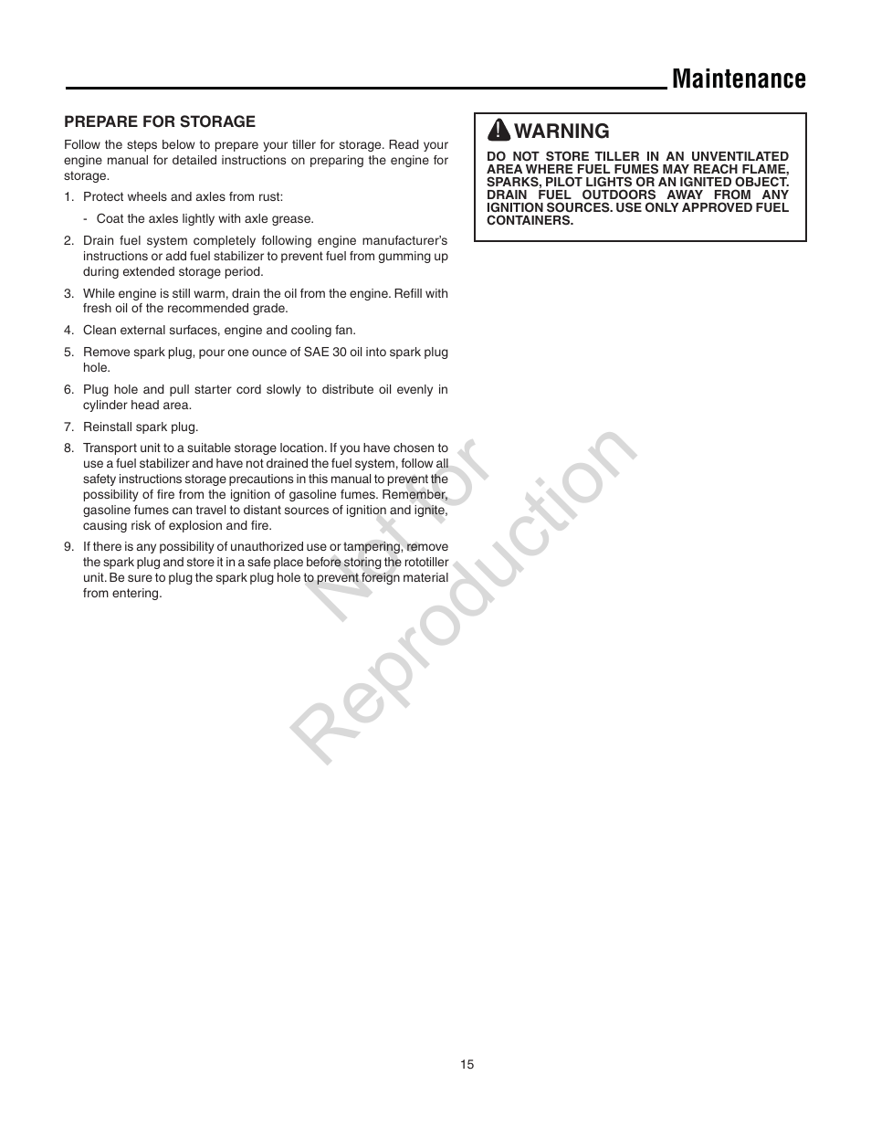 Not for reproduction, Maintenance | Simplicity Snapper 5521FT User Manual | Page 15 / 20