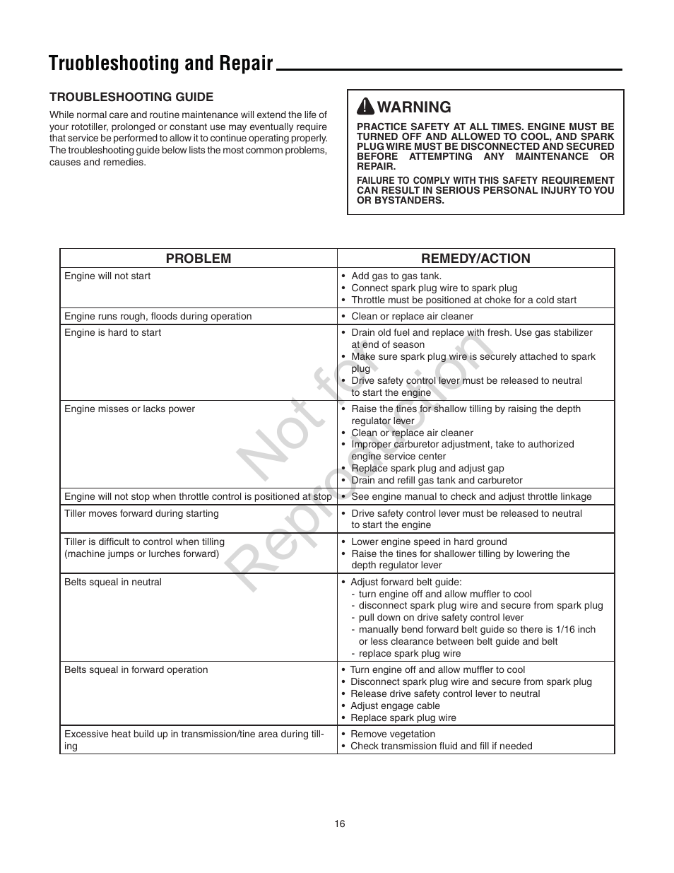 Not for reproduction, Truobleshooting and repair, Warning | Simplicity Snapper 5521FT User Manual | Page 16 / 20