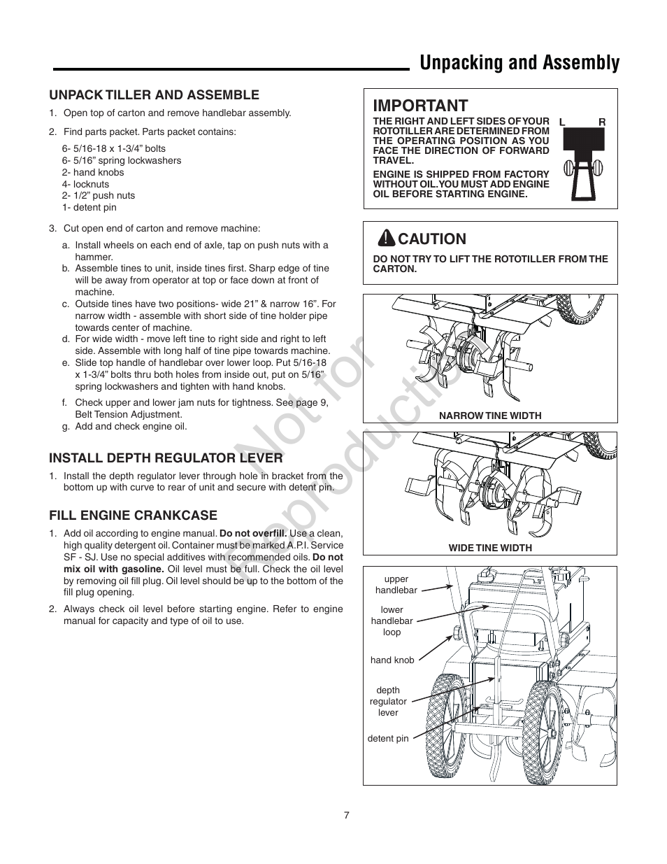 Not for reproduction, Unpacking and assembly, Important | Caution | Simplicity Snapper 5521FT User Manual | Page 7 / 20