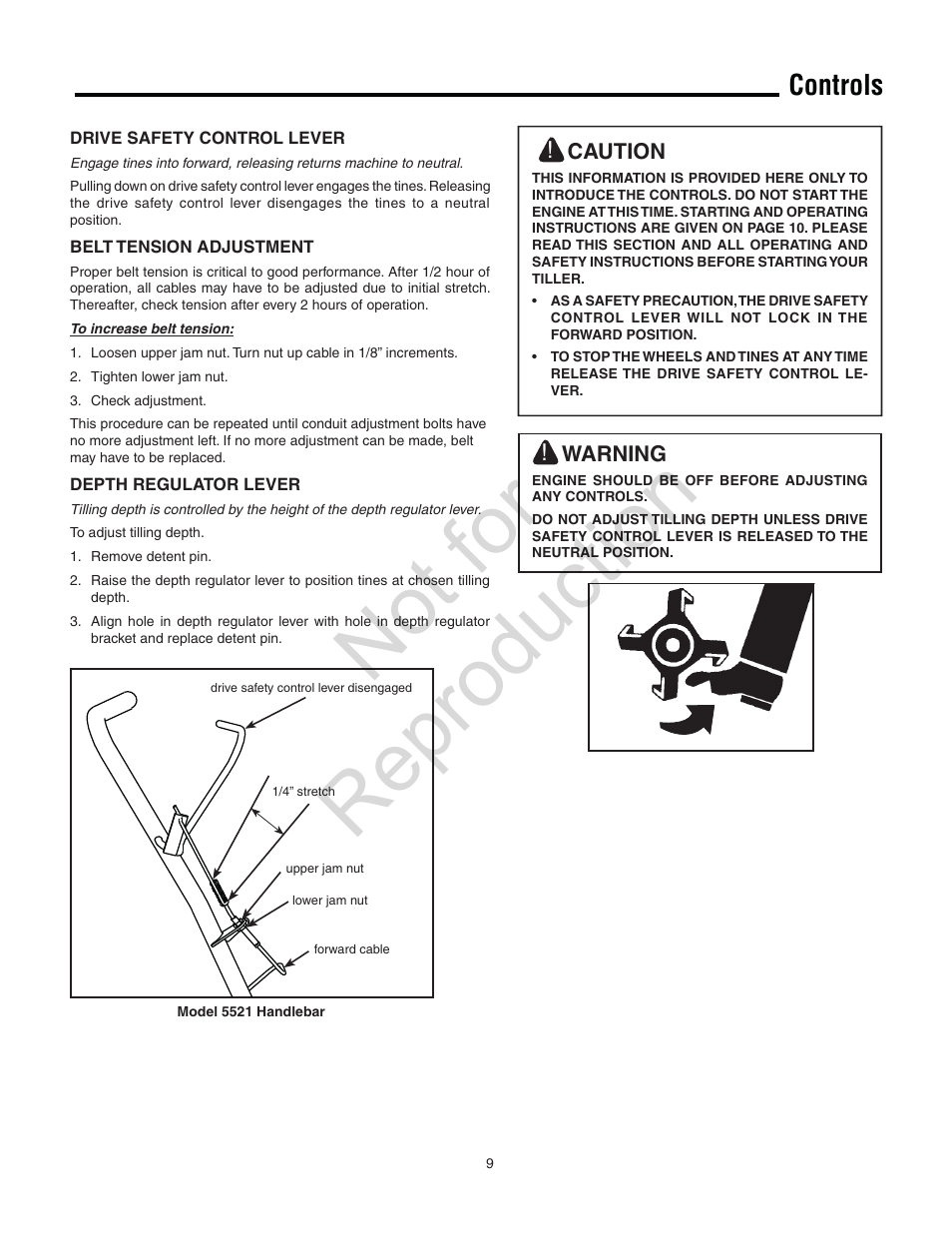 Not for reproduction, Controls | Simplicity Snapper 5521FT User Manual | Page 9 / 20
