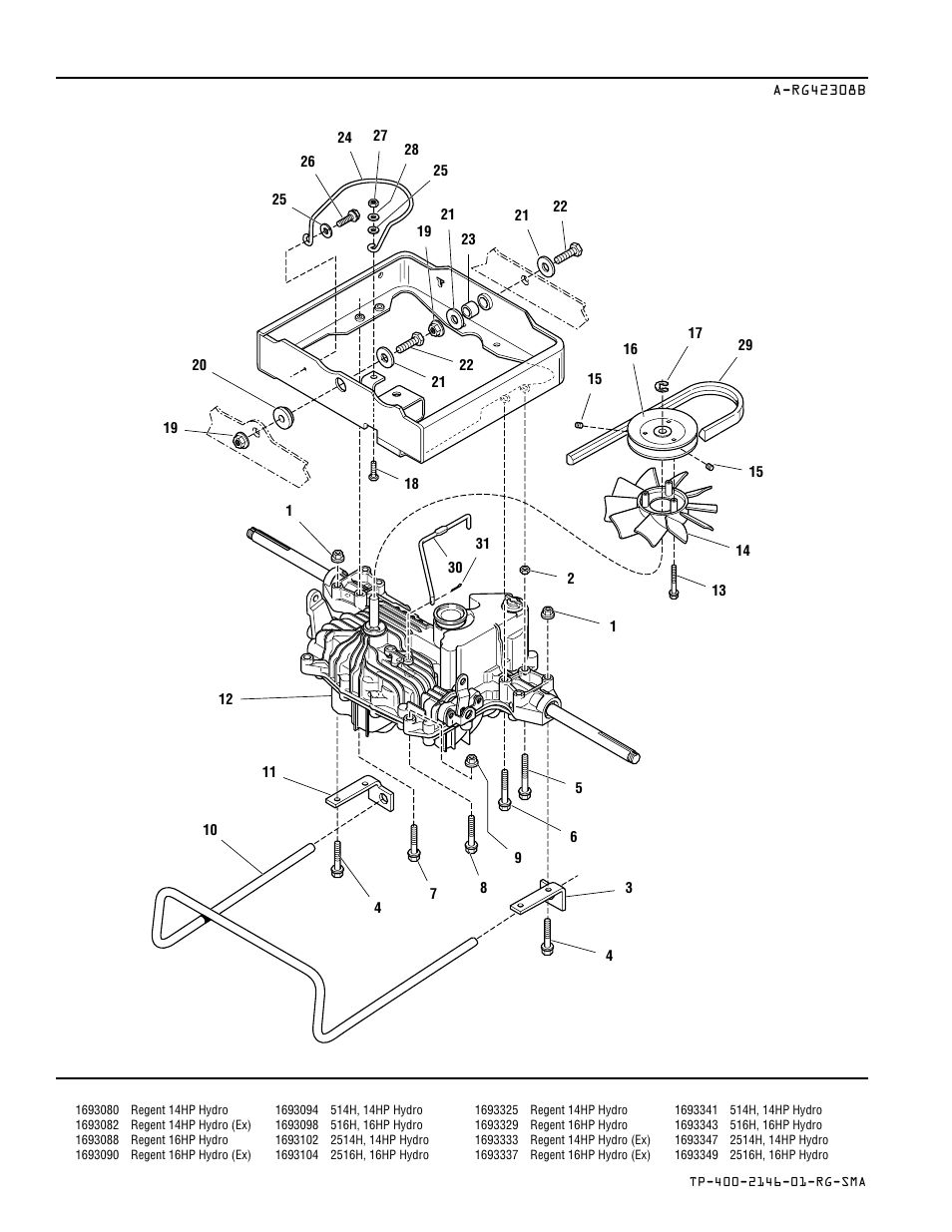 Transmission, belt, & carrier group — hydro models | Simplicity REGENT 500 User Manual | Page 18 / 60