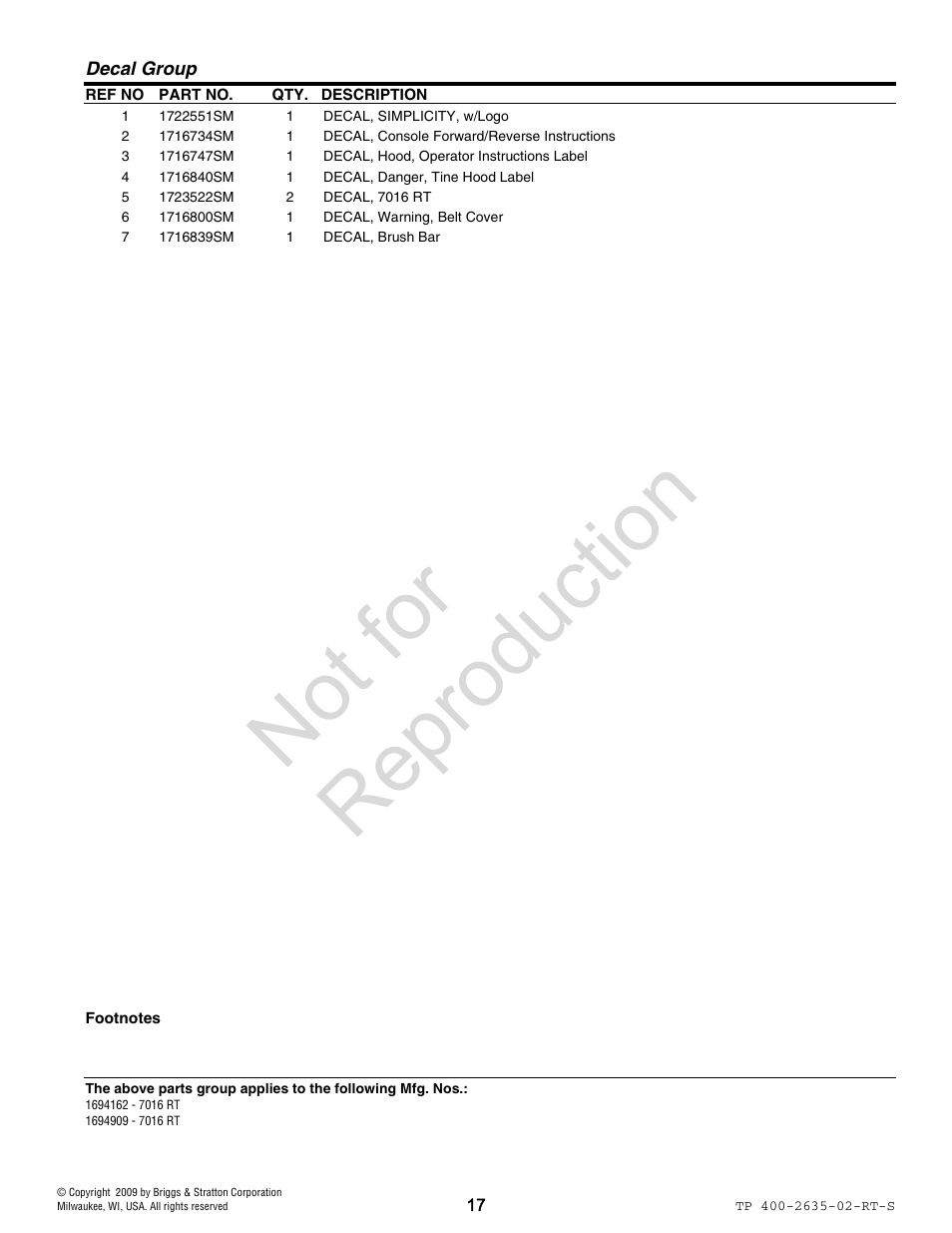 Not for reproduction | Simplicity 7HP Series User Manual | Page 17 / 24