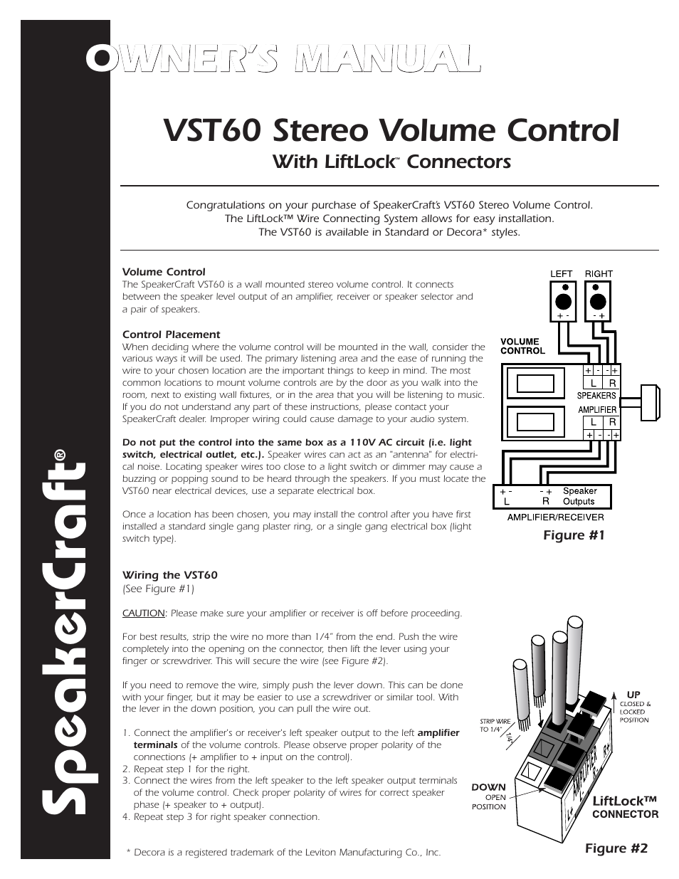 SpeakerCraft LiftLock VST60 User Manual | 2 pages