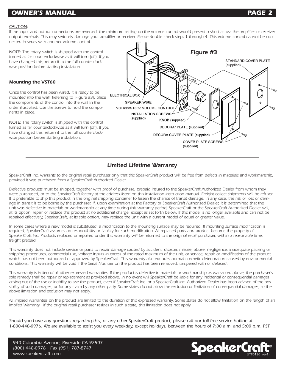 Speakercraft, Owner’s manual page 2 | SpeakerCraft LiftLock VST60 User Manual | Page 2 / 2